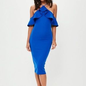 Colbalt high neck frill midi dress